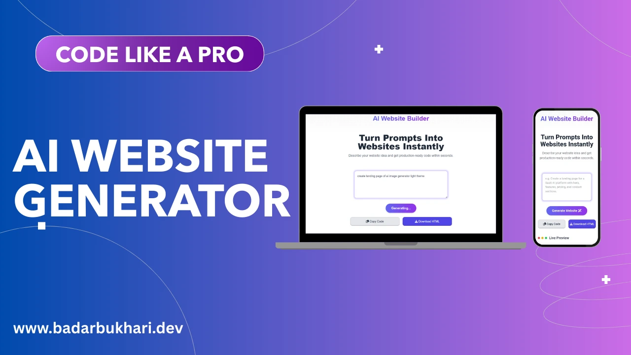 Screenshot of an AI Website Generator interface creating a modern webpage layout.